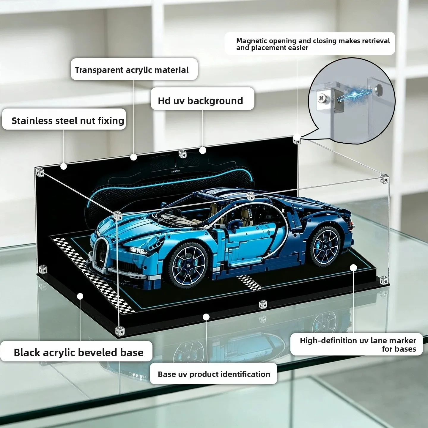 High-definition transparent acrylic sloped display case for LEGO 42083 Bugatti sports car