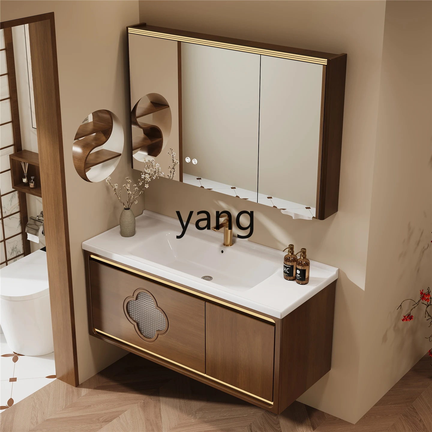 TGF خزانة حمام صينية جديدة حوض سيراميك متكامل حوض غسيل يدوي خزانة مرحاض من الخشب الصلب #4