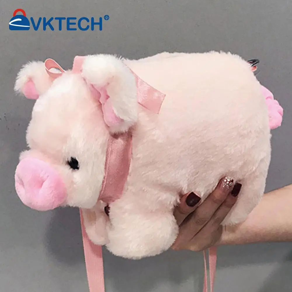 Kawaii Women Handbag Cute Pink Pig Soft Plush Shoulder Tote Bag Animal Lovely Ribbons Zipper Satchel Pouch for Student Kids