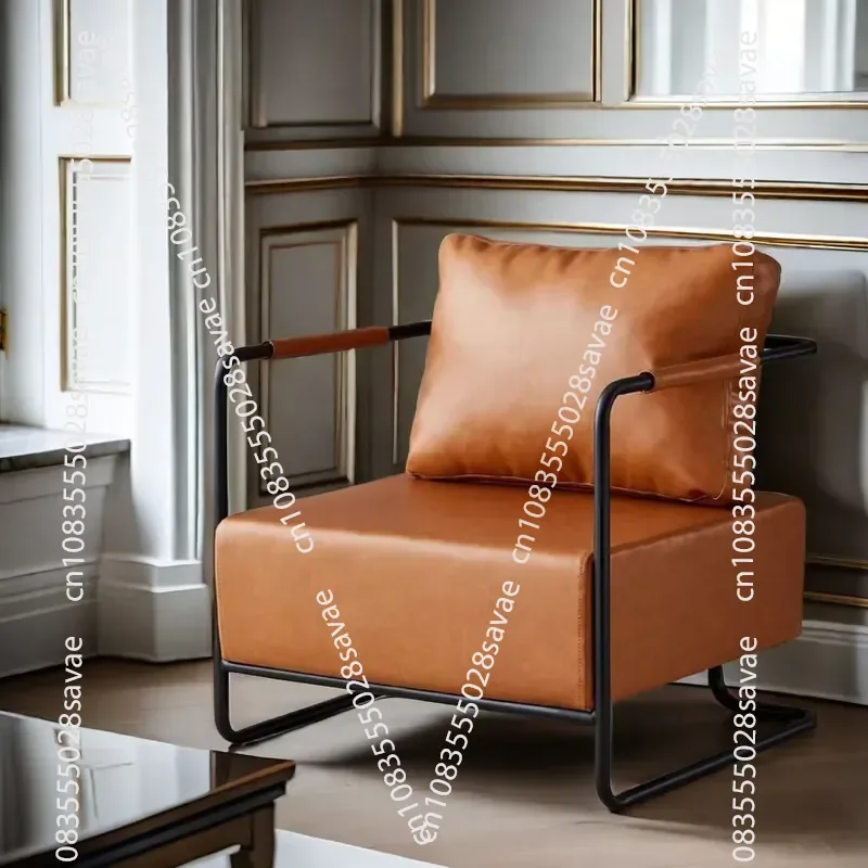 Caramel Color Leather Black Frame Industrial Light Luxury Style Single Leisure Chair Modern Simple Chair Hot-selling Leisure