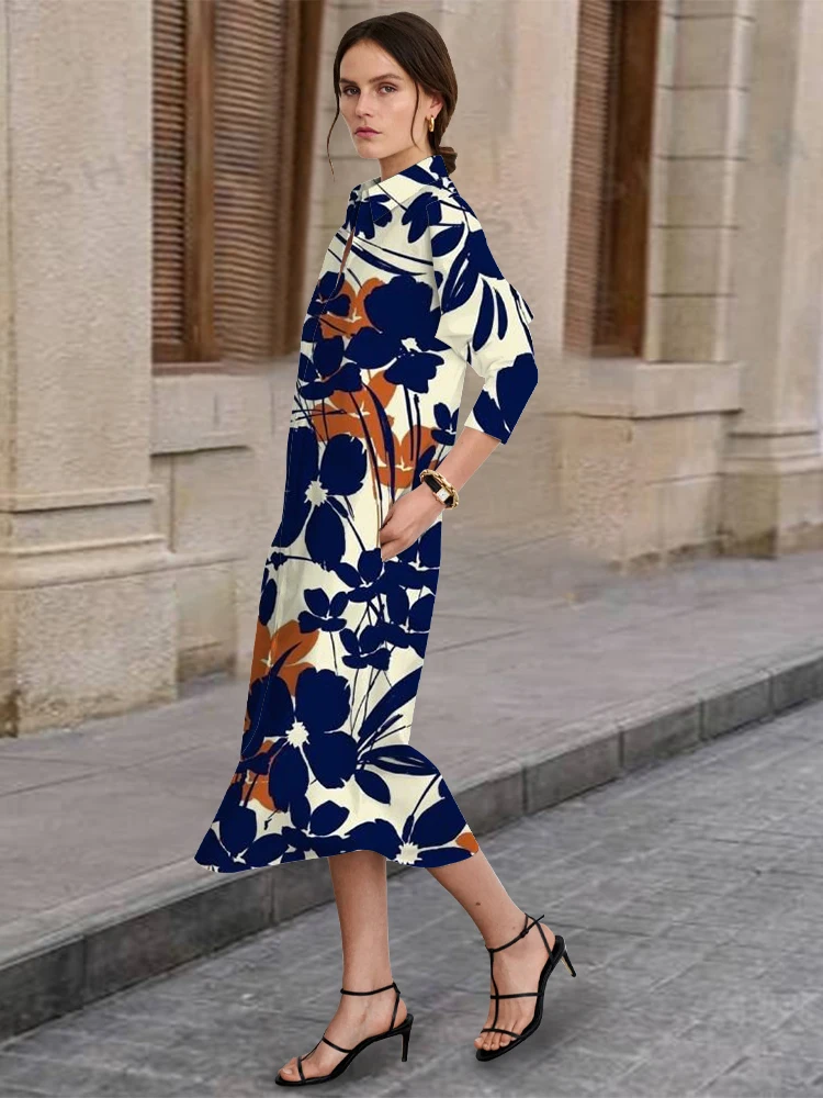 

2024 New Women's Urban Street Casual Fashion Button-Up Shirt Dress Spring and Autumn Daily Long-Sleeved Lapel Dress 3D Printing