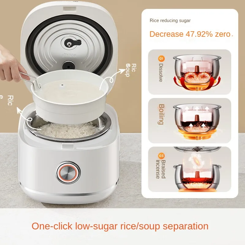 Low Sugar Mini Rice Cooker 3L Non-stick Stainless Steel Inner Pot, Suitable for 2-6 People Wood Fire Rice Cooking 30N2