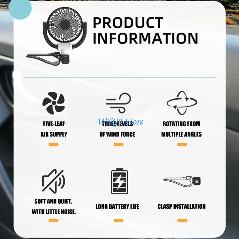 

37JE 360 Degree Adjustable Car Cooling Fan With 3 Gear Speed Quiet Operation Usb Rechargeable Fan For Driver