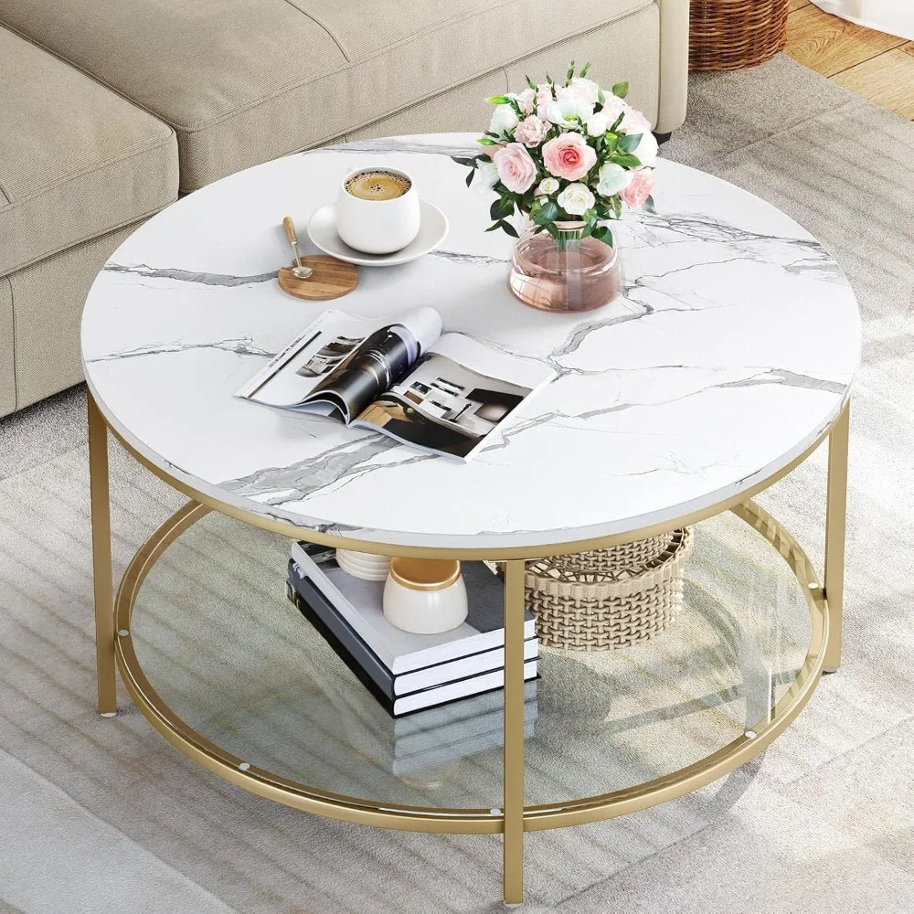 

White Marble Round Coffee Table with Glass for Living Room, 2-Tier Circle Coffee Table with Storage Clear Coffee Table,