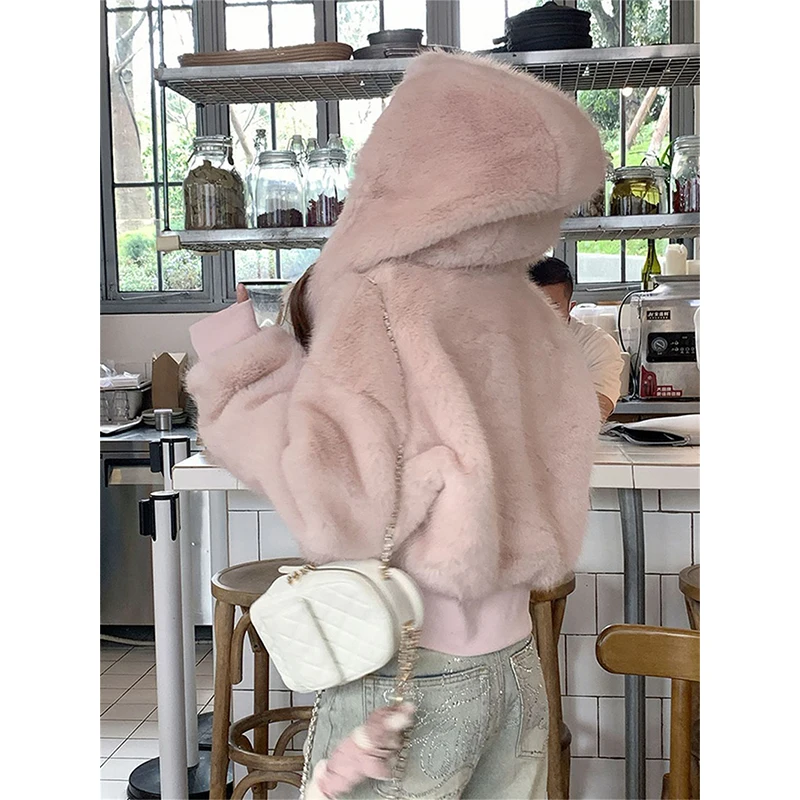 MEXZT Kawaii الوردي هوديس المرأة Harajuku Cutecore اقتصاص الصوف قمصان سويت شيرت بقلنسوة الشتاء موضة الشارع الشهير سستة جاكيتات جديد