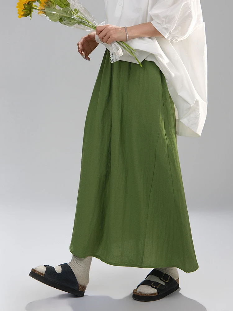 Elegant Green Asymmetrical Skirt Art Wild Series High Waist A-Line Thin Mixed Flax Lyocell Fiber Summer Women's Skirt