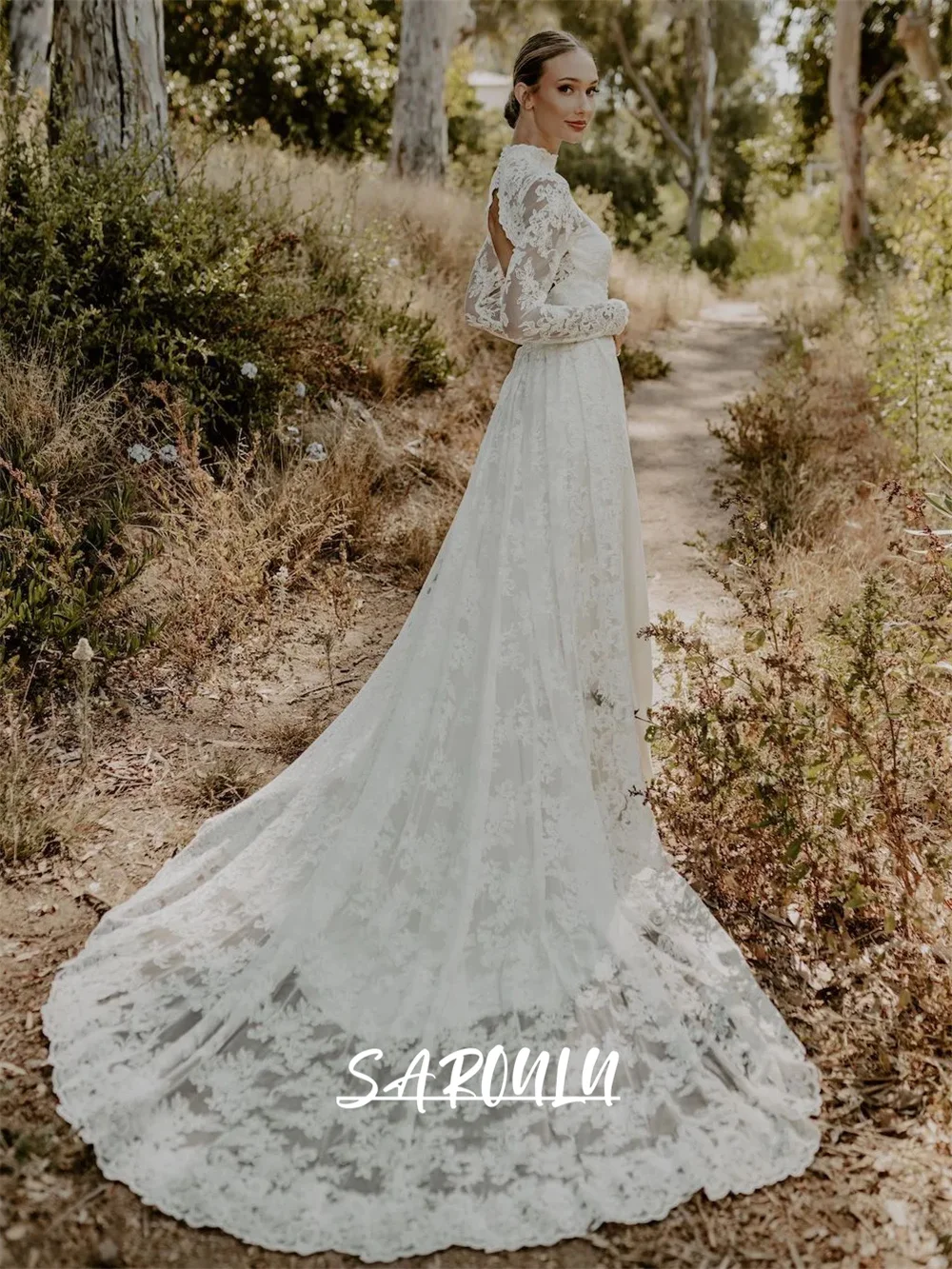 Silky Satin A Line Wedding Dress, Long Sleeves, High Neck, Lace Bride Dresses With Court Train, Open Back Bohemian Bridal Gown