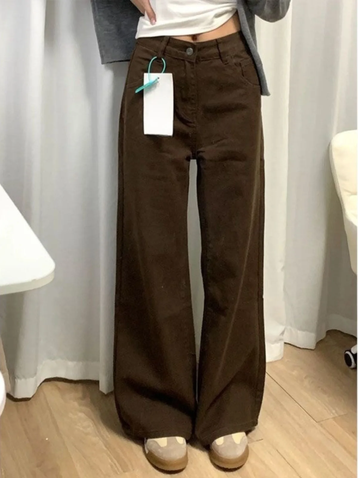 

Широкие джинсы с высокой талией, женские свободные джинсы длиной до пола, коричневые длинные брюки в американском стиле ретро, зауженная версия, большие размеры