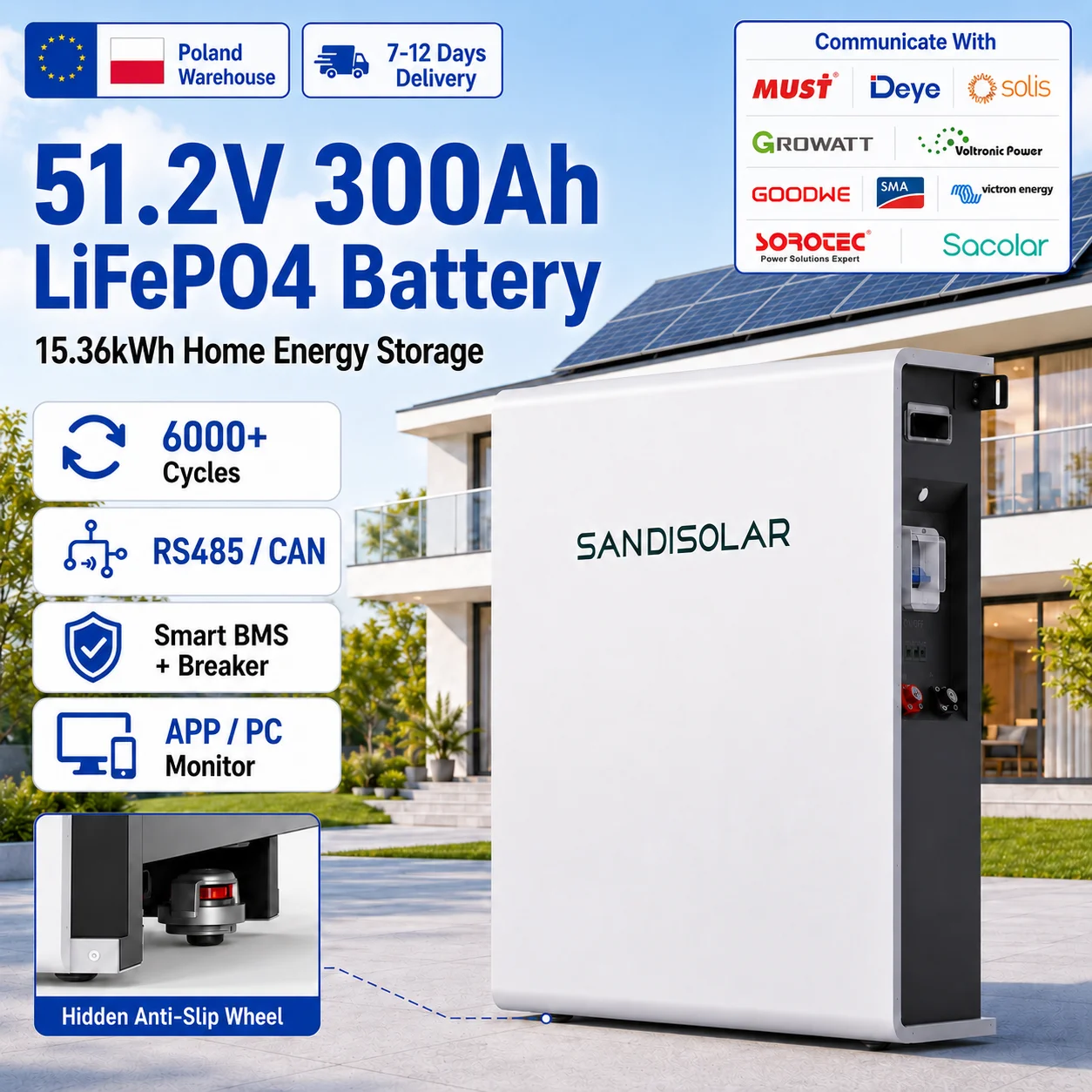 SANDISOLAR 51.2V 300Ah LiFePO4 Battery 48V 15.36kWh 200A Smart BMS CAN RS485 Solar Energy Storage EU Stock