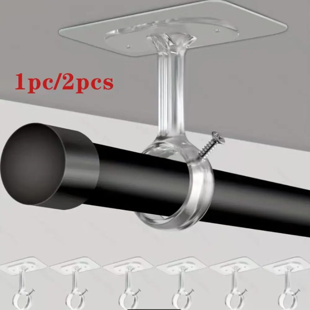 1/2pcs Self Adhesive Curtain Rod Brackets No Drilling Clear/Black Curtain Rod Hangers Curtain Rod Support Hooks