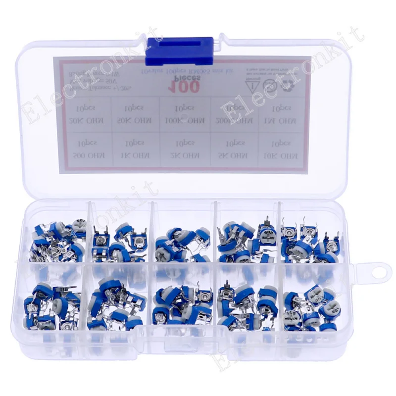 

100pcs 10value RM065 Horizontal Trimpot Potentiometer Assortment Kit 500Ω 1kΩ 2kΩ 5kΩ 10kΩ 20kΩ 50kΩ 100kΩ 200kΩ 1MΩ Each 10pcs
