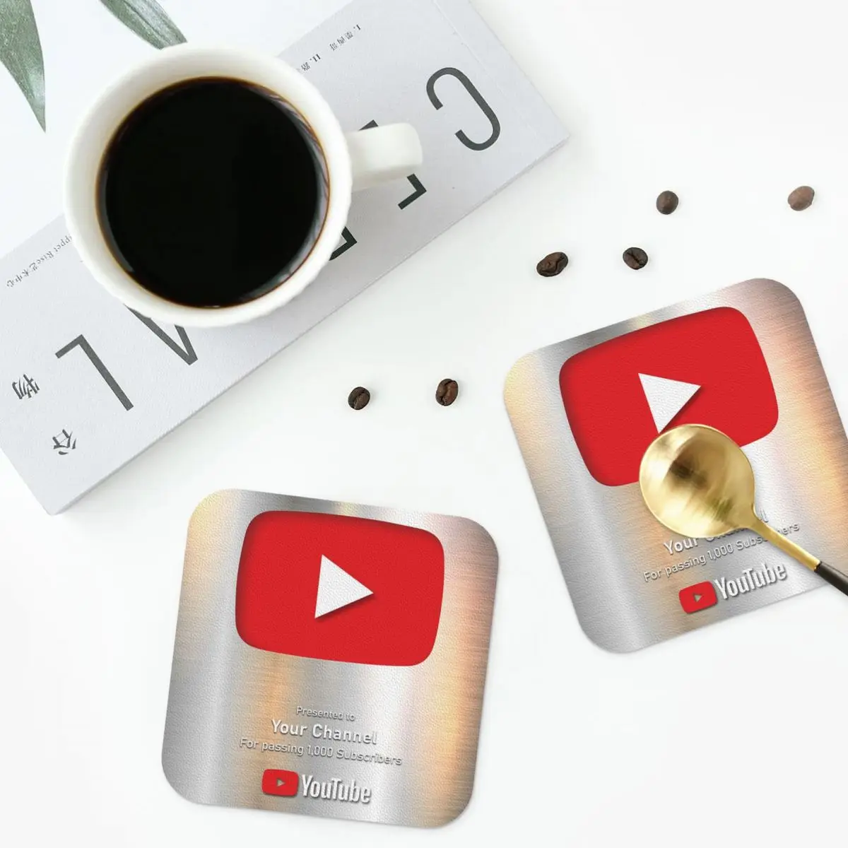 Youtube Award Coasters Kitchen Placemats Waterproof Insulation Cup Coffee Mats For Decor Home Tableware Pads Set of 4