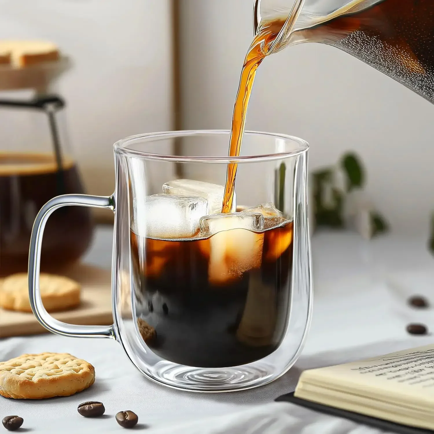 2PCS/set Glass Coffee Mugs Double Wall Insulated Coffee Mugs Clear Coffee Tea Cups with Handle Heat Resistant Dishwasher Safe
