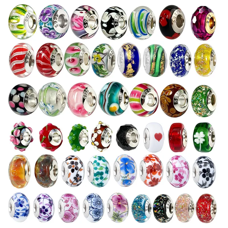 Berloques de Vidro Murano Banhados a Ouro Prateado Originais para Pulseiras de Corrente Snake, Joias Femininas, Presente, Compatível com Pulseiras 925, Berloques para Bolsas