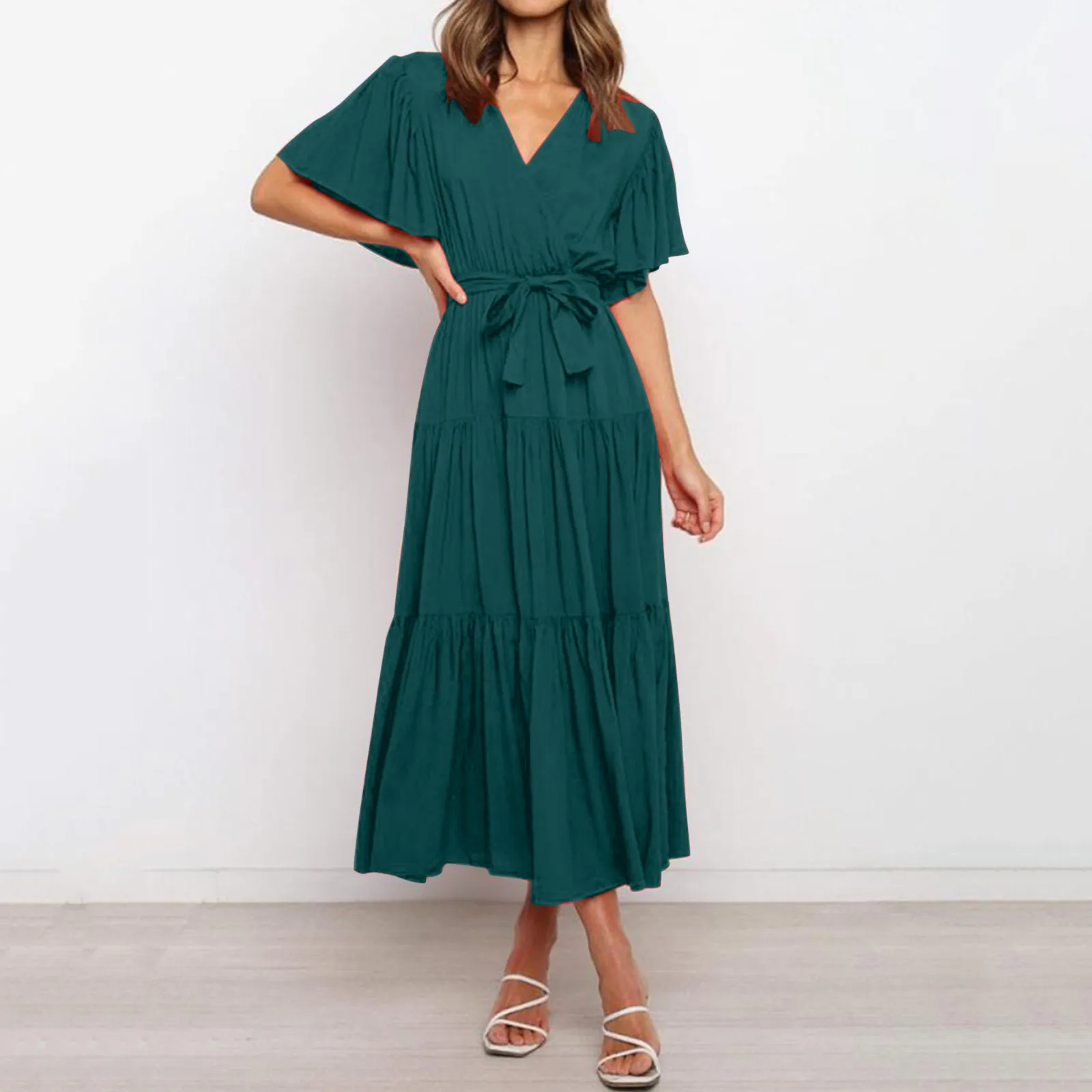 

Women's Summer Ruffle Party Tiered Midi Dress Boho Beach V Neck Short Sleeve Solid Color Bandage Maxi Dress Casual Loose Dress