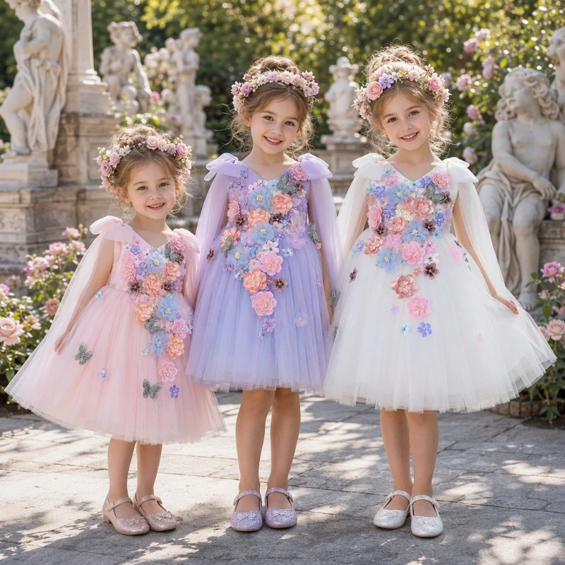 2026 Kids Handmade 3D Applique Tulle Princess Wedding Flower Girl Party Banquet Clothes Sleeveless Dress New Children Girls Gown