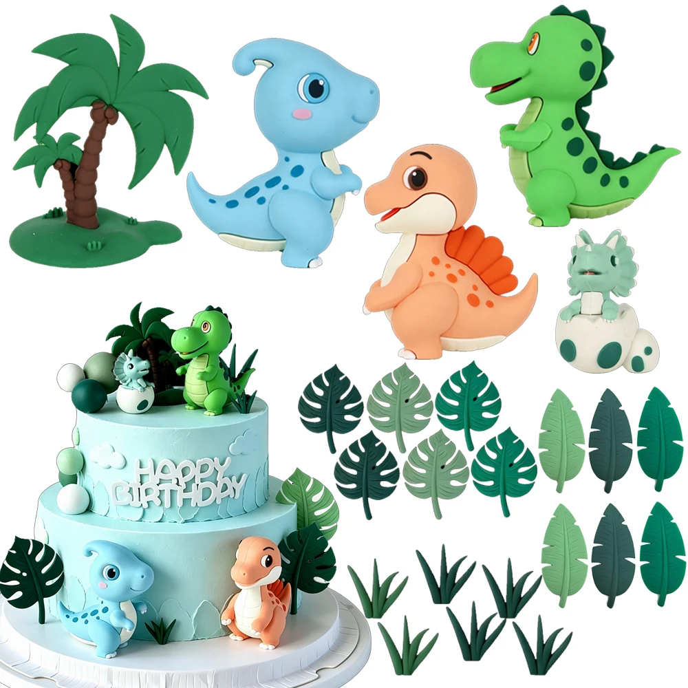 25Pcs Dinosaur Cake Decorations Dinosaur Eggs Green Leaves Birthday Cake Toppers for Jungle Birthday Party Safari Animal Decor