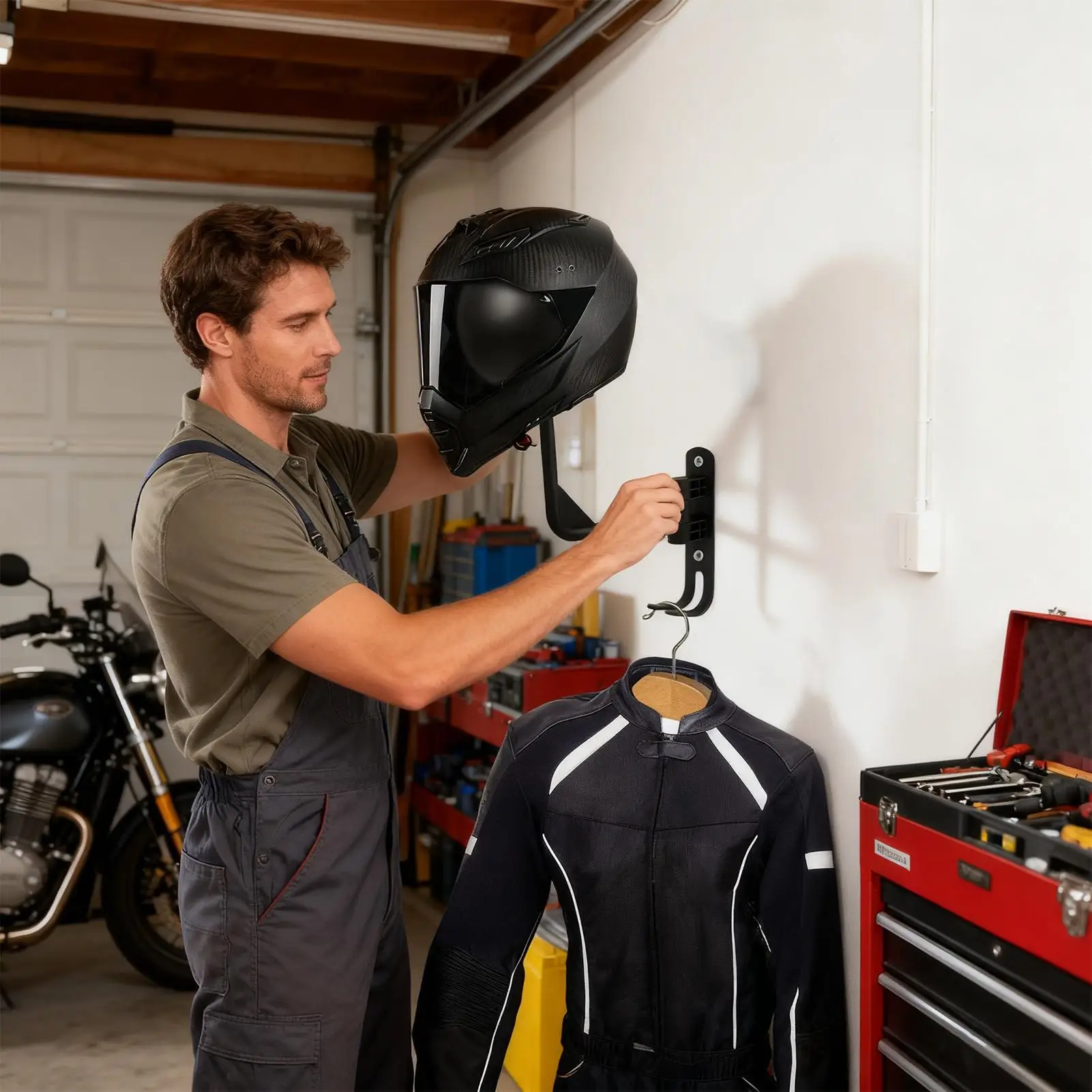 

Helmet Organizer Wall-Mounted 180-Degree Rotatable Motorcycle Helmet Stand For Home Bedrooms Living Room Garage Gear Clothes