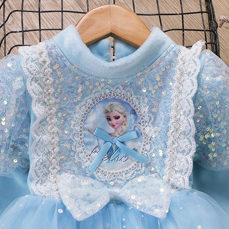

Autumn Winter Girls' Elsa Princess Dress Lone Sleeve Sweet Lace Sequin Birthday Gowns Kids A-line Bow Velvet Warm Dresses