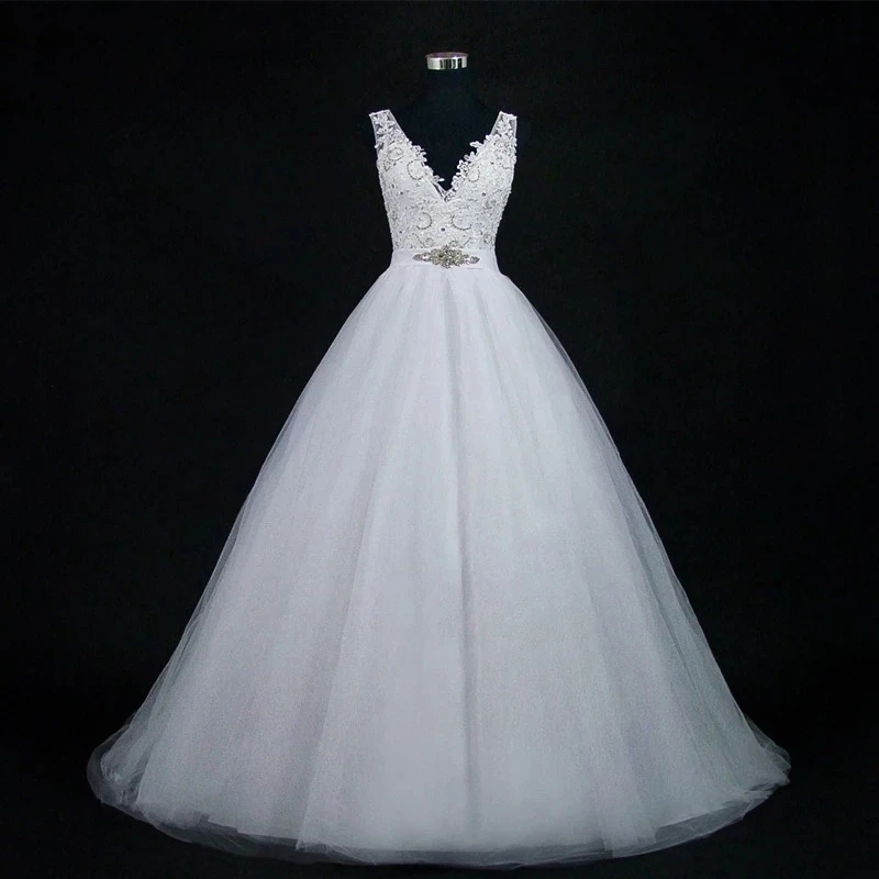 

ANGELSBRIDEP V-Neck Ball Gown Wedding Dresses Robe De Mariee Luxury Applique Beaded Court Train Formal Bridal Gowns Plus Size