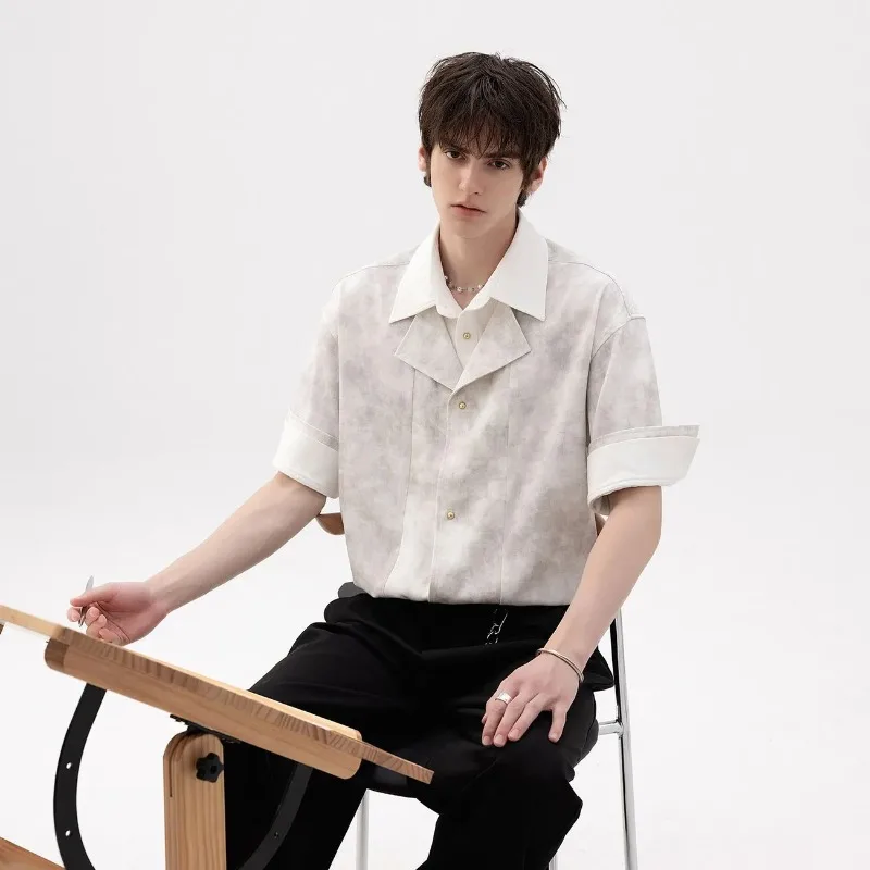 

Мужская рубашка оверсайз с коротким рукавом, тай-дай, пэчворк, с отложным воротником, повседневная, модная, летняя