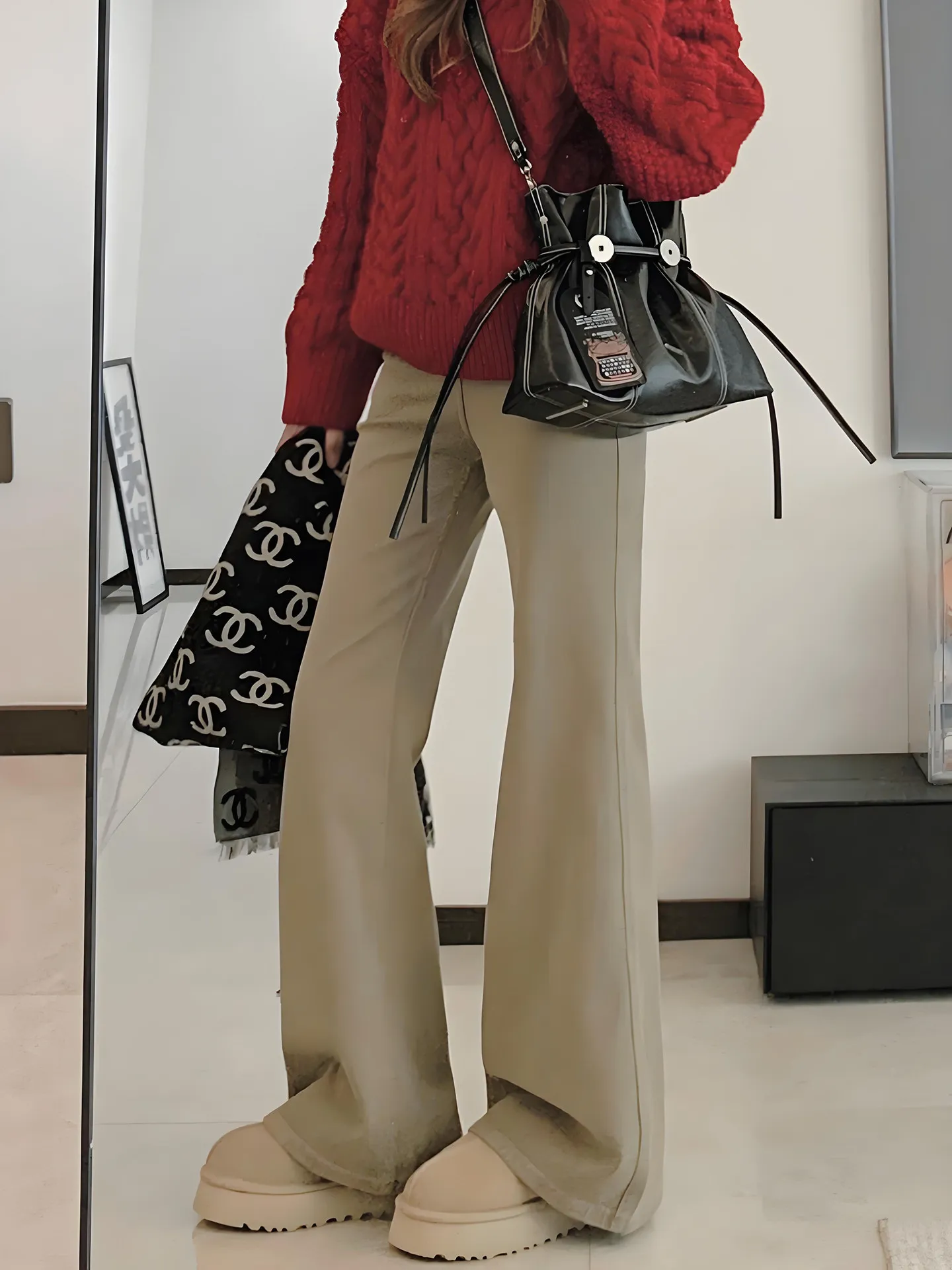 

Khaki Bell Bottom Jeans Women's High Waist Conceal Hip Pear Shaped Body Wide Leg Pants American Style Soft Denim Casual Wear