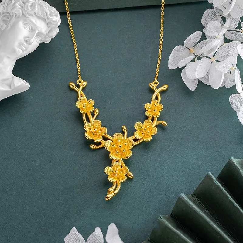 

Luxury 24K 9999 Pure Gold real gold Women's Large Flower-like Brocade Chain Wedding Flower Necklace