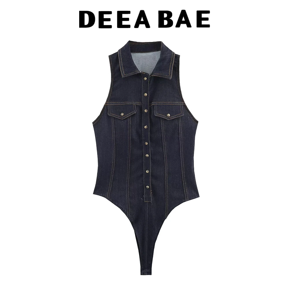 

DEEABAE Winter new women's casual style single row multi button lapel sleeveless denim slim fit jumpsuit