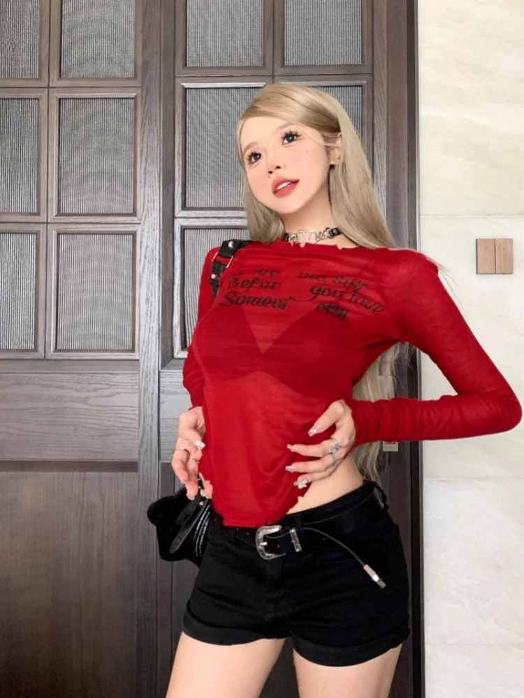 ADAgirl Vintage Red Women Long Sleeve T-shirt Transparent Letter Print Tee Shirt Female Korean Fashion Spring Summer E-girl Tops