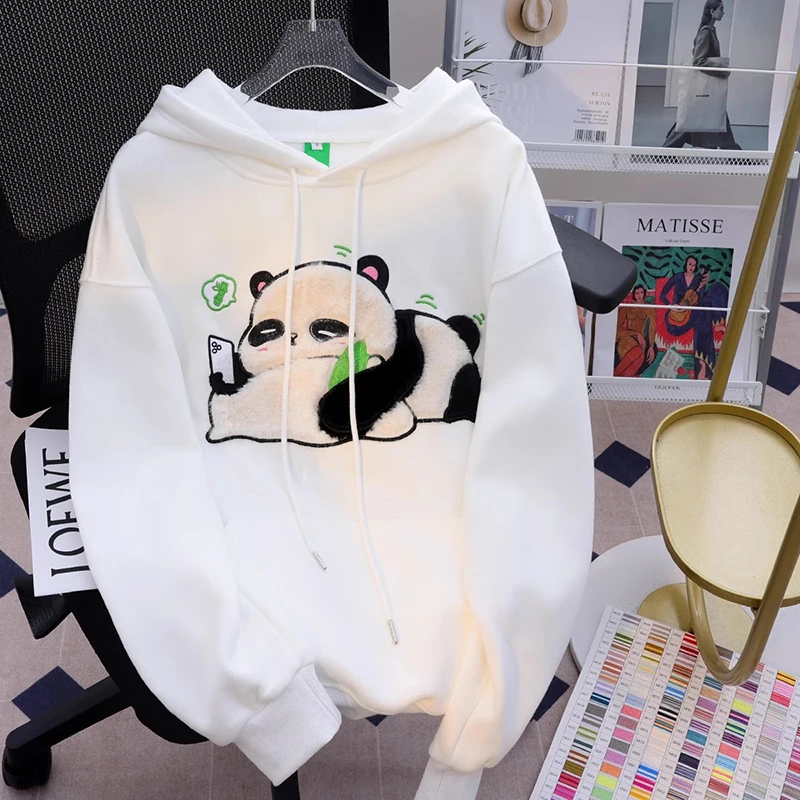 Spring Winter Panda Embroidery Pullover Cute Cartoon Cotton Loose Women Hooded Sweatshirt Couple Clothes Student Coat Hoodie