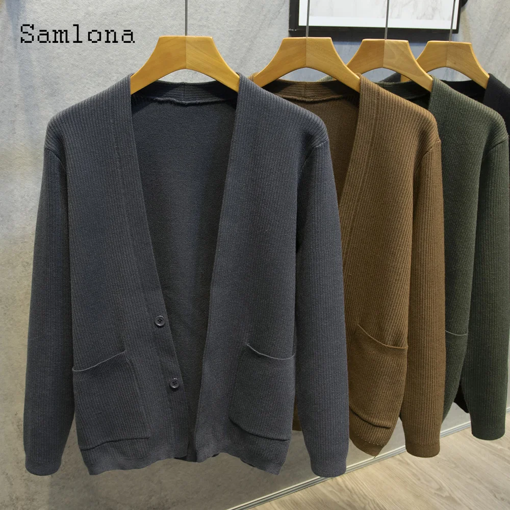 

Samlona Plus Size Men Autumn New Knitting Sweaters Winter Warm Cardigans Mens Stand Pocket Top Knitwear Kpop Draped Jumpers 2022