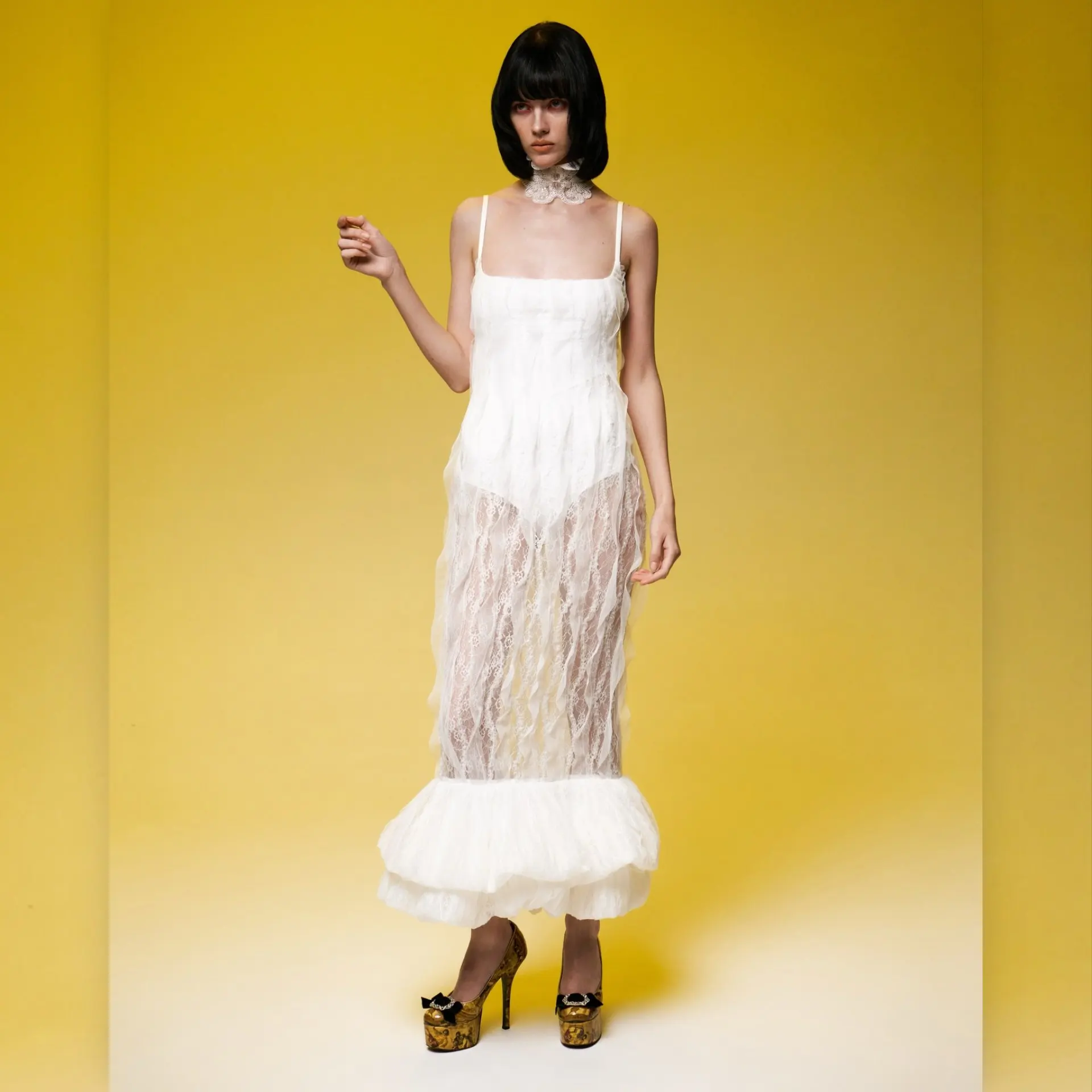 

2025 Summer New White Lace Dress Women Retro V-neck Long Sleeve Chiffon Party Gown Wedding Guest Dresses with Ruffles See Thru