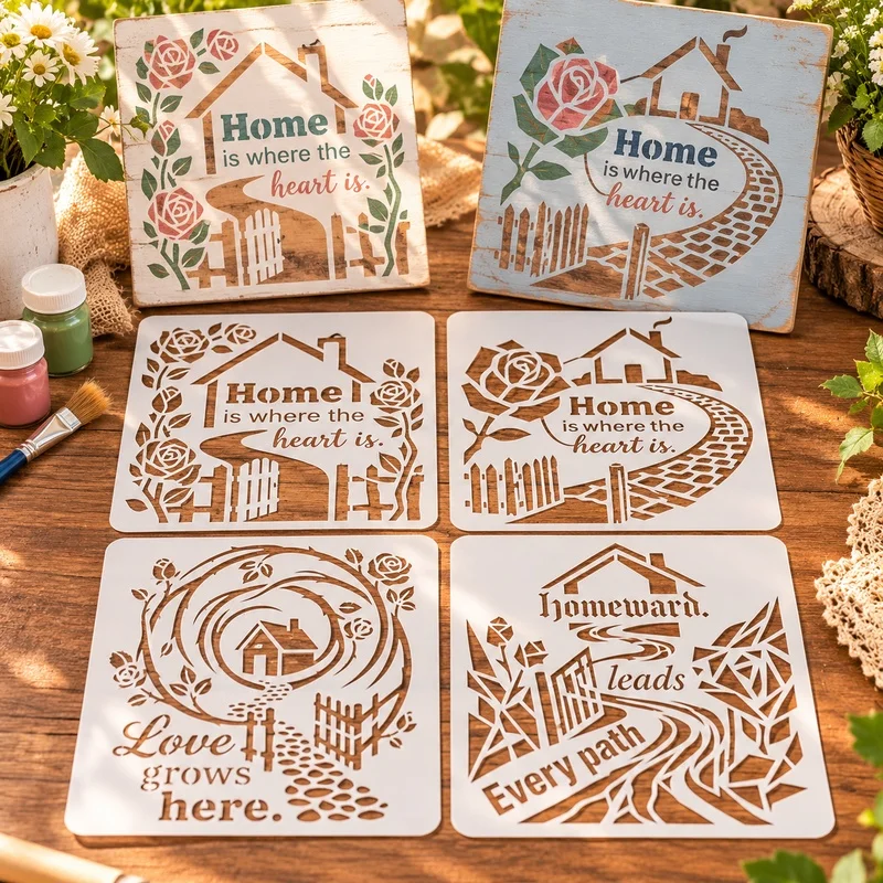 4PCS 6.3x5.9in Reusable House Stencils Farmhouse Quote Painting Templates for Wall Wood Fabric Card Making DIY Crafts Decor