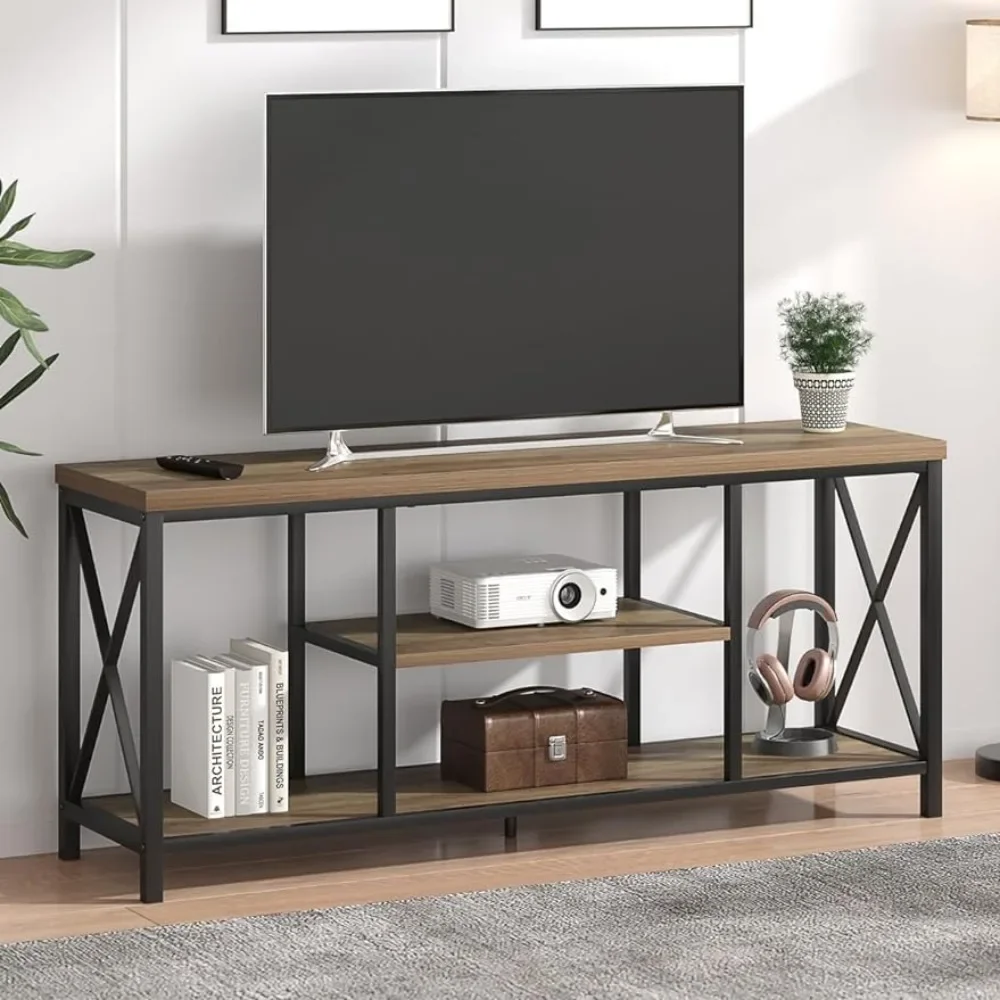 TV Stand for TV Up to 65 Inch Rustic Wood and Metal Entertainment Center With Storage Shelves Furniture Oak 55 Inch Living Room