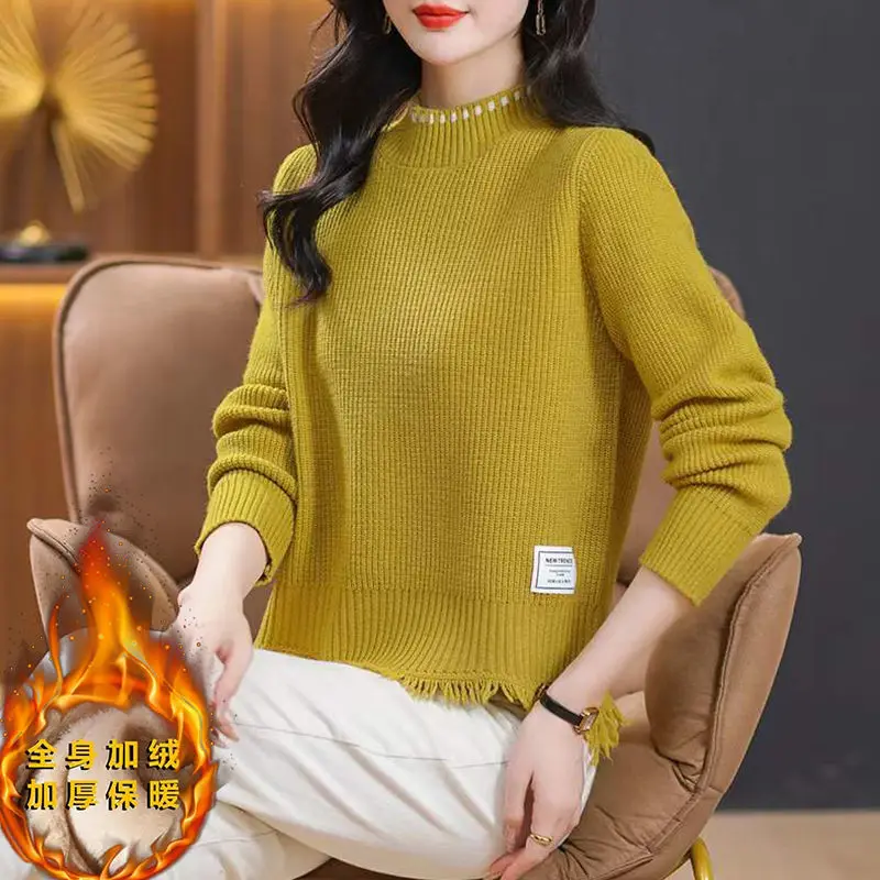 Autumn and Winter Women's Solid Half High Collar Long Sleeve Loose Sweaters Jumpers Tassel Fashion Casual Office Lady Tops