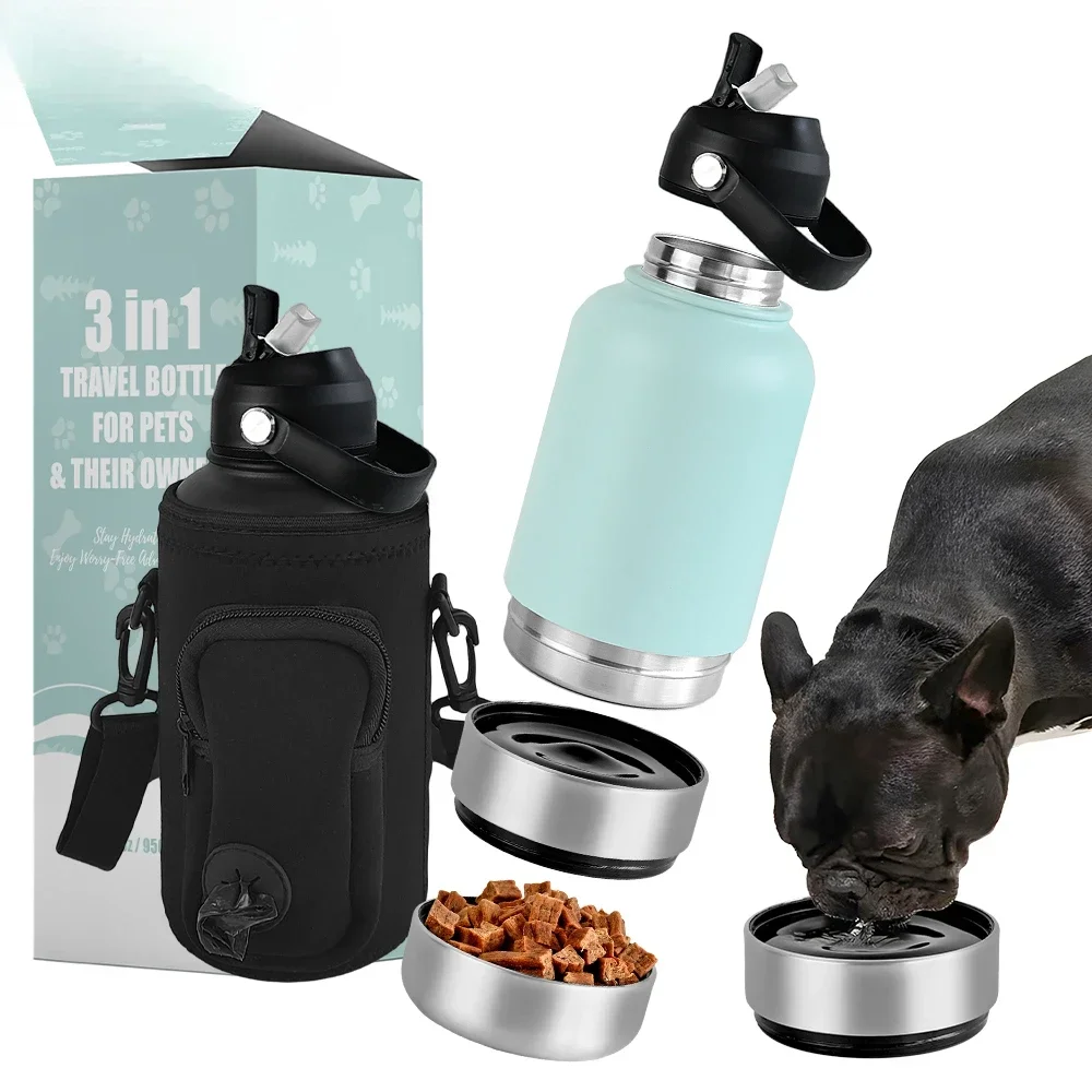 2024 Popular 24Oz 32Oz 64Oz Portable Water Bottle Pet Feeder Travel Bowl 3 In 1 Insulated Dog Water Bottle