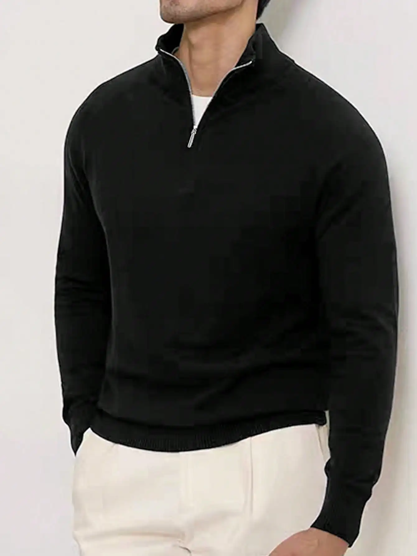 Men's Black Half Zip Stand Collar Long Sleeve Sweater for Fall Winter Casual Wear