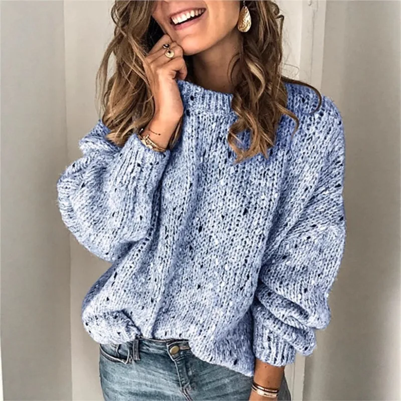 

Women Knit Sweater Long Sleeve O Neck Thick Tops Winter Pullovers Casual Loose Spliced Sweaters Elegant Lady Autumn