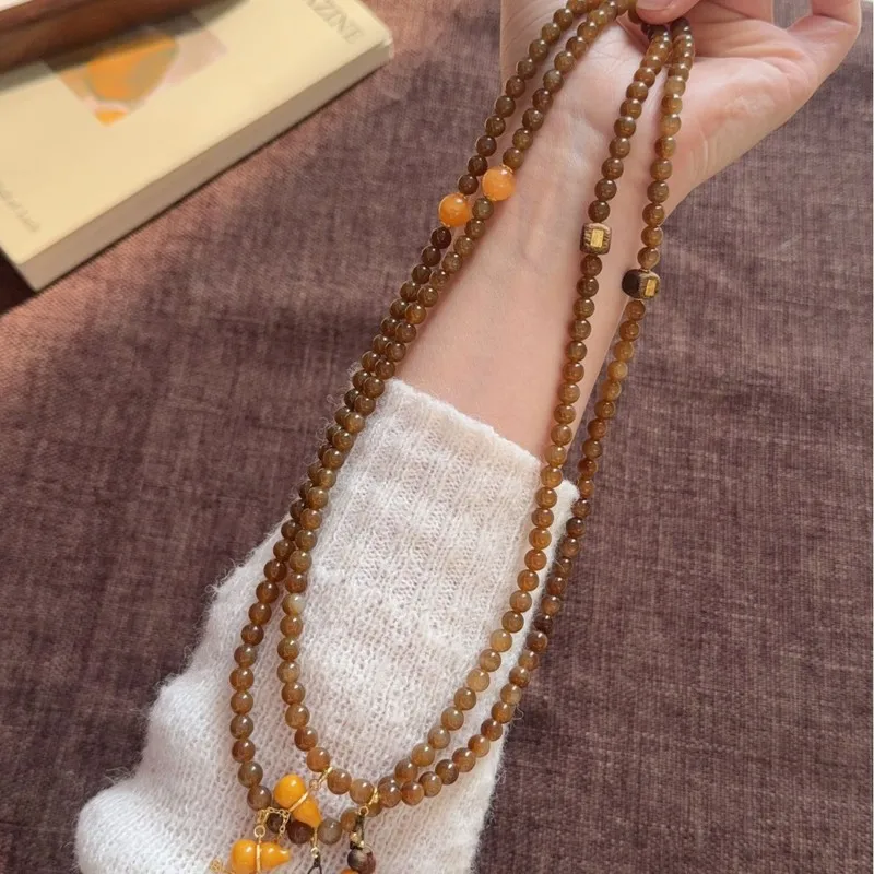 Sugar-colored Tianyu jade three-strand bracelet DIY butterfly gourd and pearl design with South Red agate accents