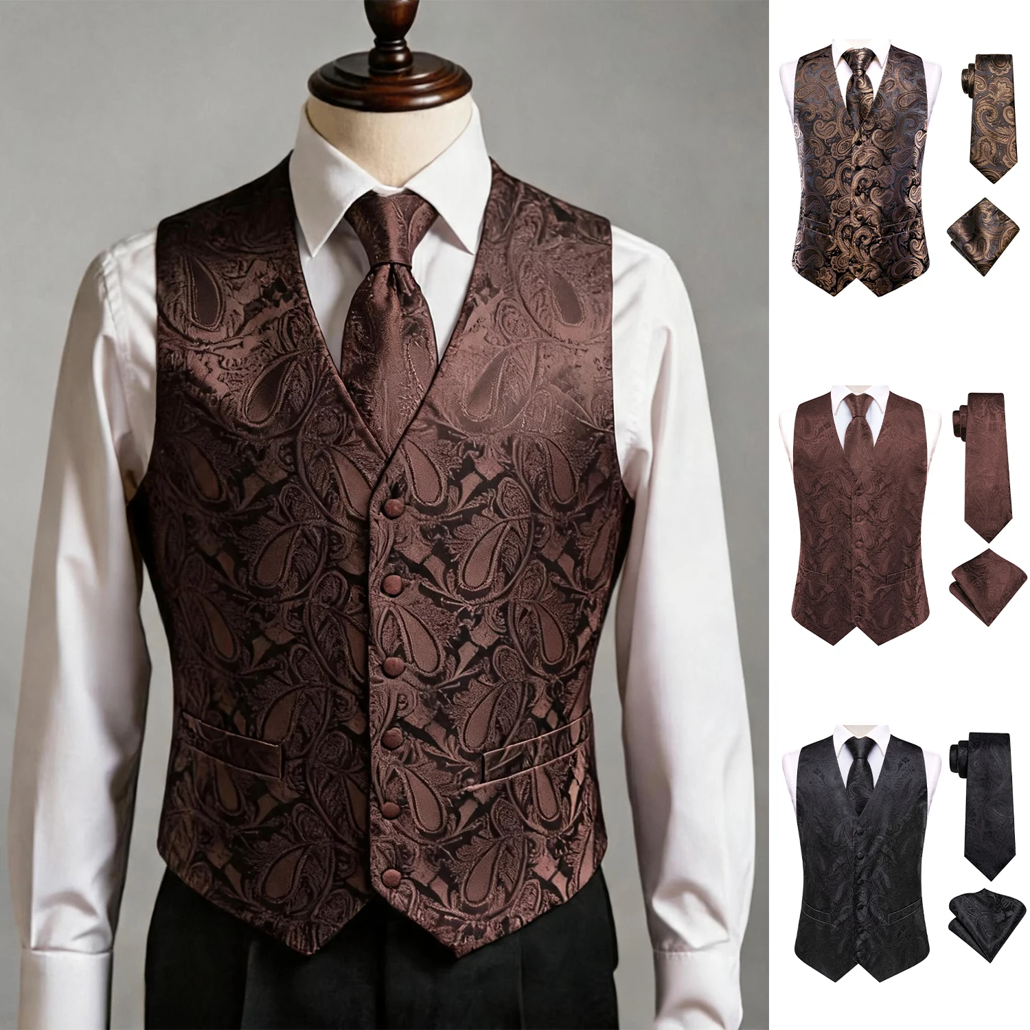 

Balck Brown Men Vest Three-Piece Suit Set, Dress Waistcoat with Tie and Pocket Square for Party Ceremony