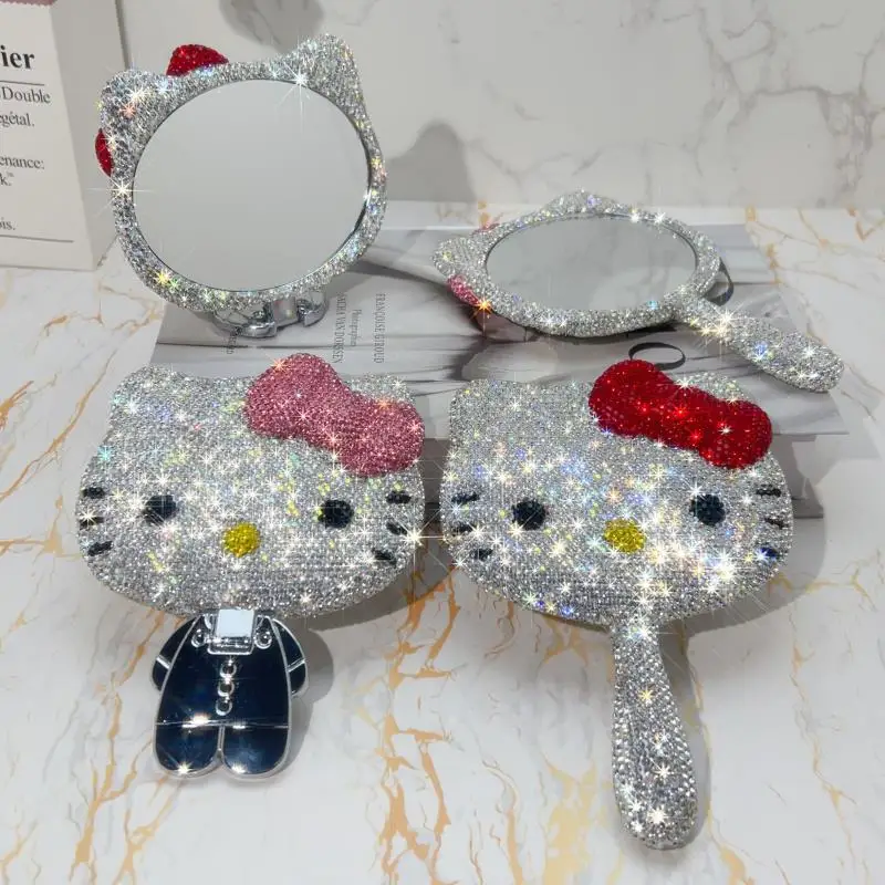 

Kawaii hello kitty diamond-studded portable mini 3D folding makeup mirror for girls women student handheld mirror accessories