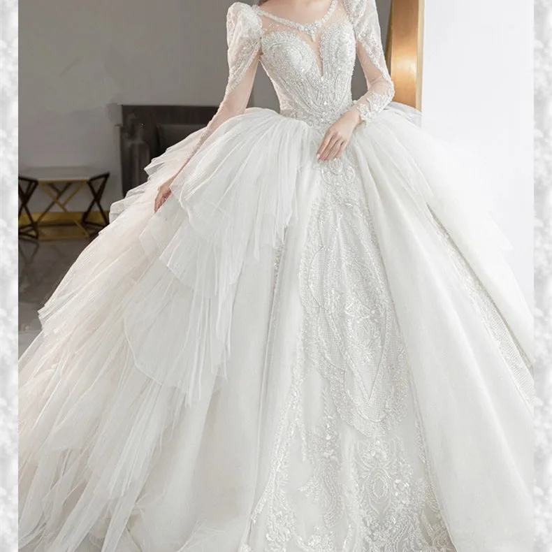 French main wedding dress 2022 new temperament bride heavy long-sleeved winter palace style senior main yarn small and light