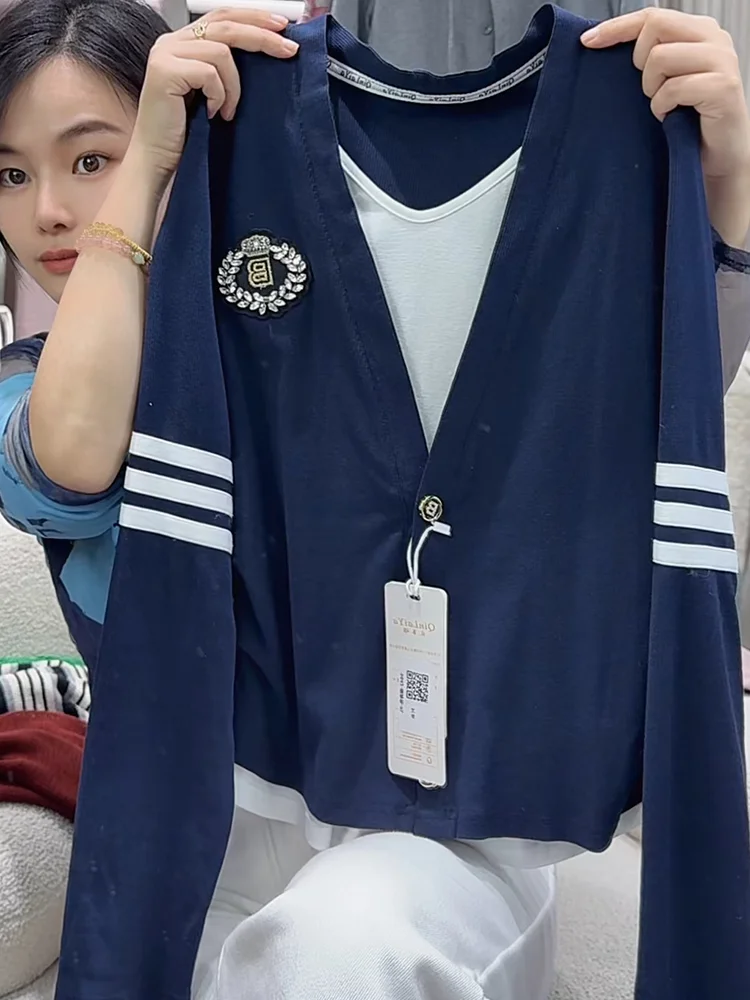 

Slimming Faionable College Sle Open Cardigan plus Size Summer New Arrival Ele Long Sve V-Ne Regular Fit T-irt