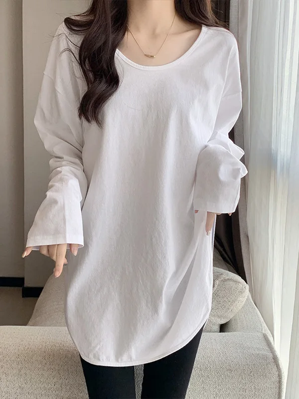 Camiseta Feminina Longa de Inverno Nova Coreana Solta Grande Branca para Camadas Versátil Confortável de Malha