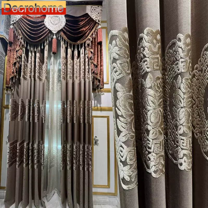 Customized Red Brown Hollow Cut Velvet Embroidered Window Screen Curtains for Living Room Bedroom French Balcony Floating Window