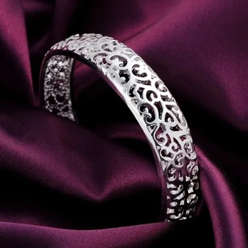 

925 sterling Silver Retro Bracelets for Women Hollow pattern bangle adjustable Jewelry Fashion Party Gifts Girl