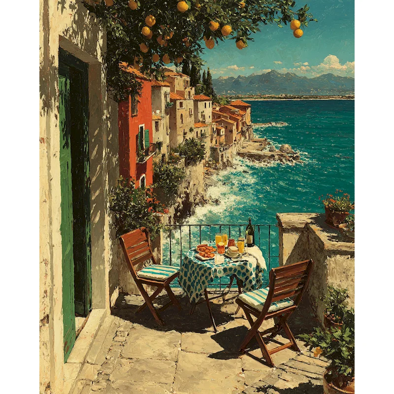 CHENISTORY Peinture par numéros pour adultes, paysage de village côtier avec balcon, sur toile, art mural