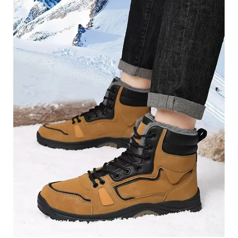 Botas de nieve altas de cuero para hombre, suela gruesa, antideslizantes, impermeables, de felpa gruesa, cálidas, de algodón, para invierno, 2024