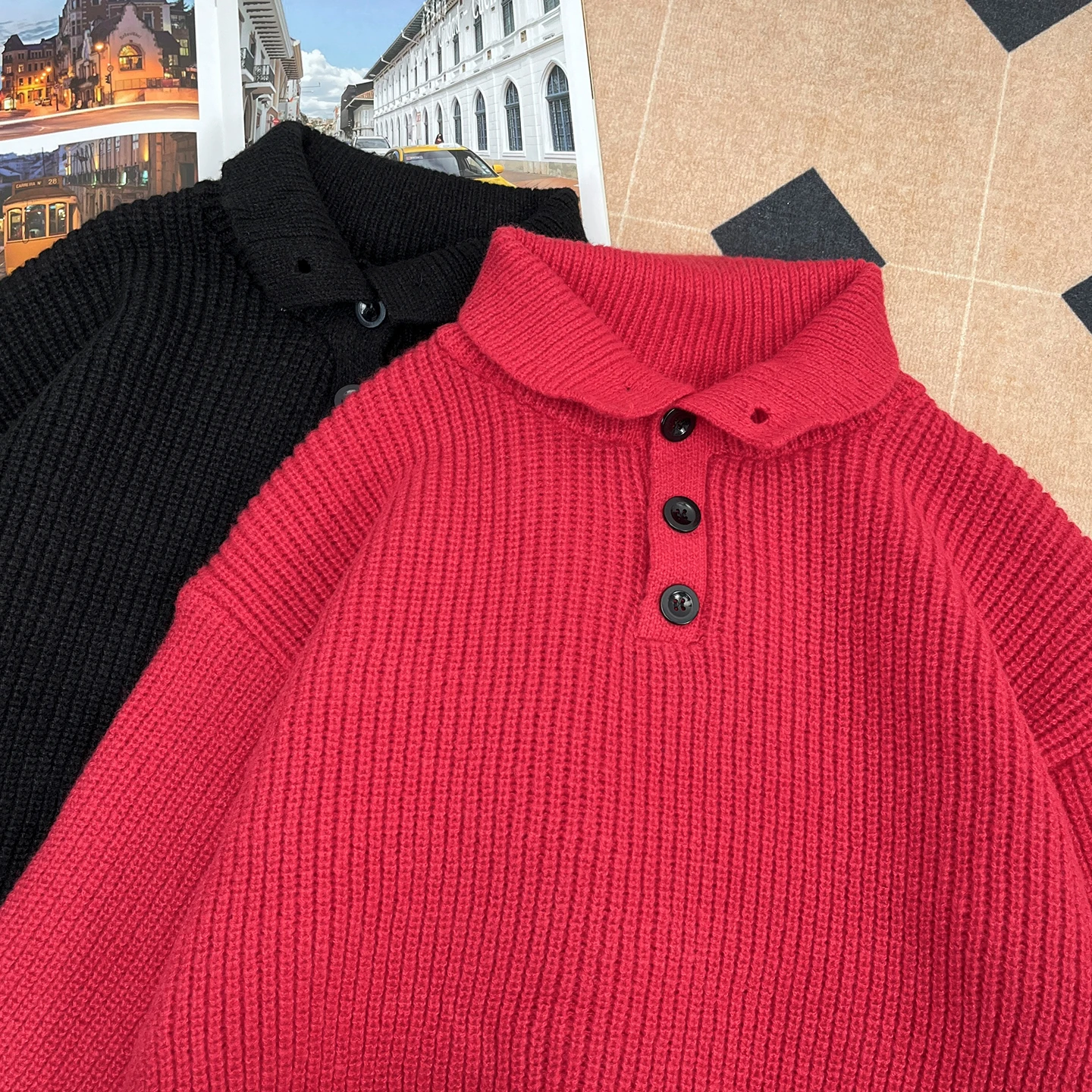 

Красный повседневный вязаный свитер для мужчин, весенне-осенний, свободный, универсальный, для пар, теплый, для ношения под одеждой, с длинным рукавом, однотонный