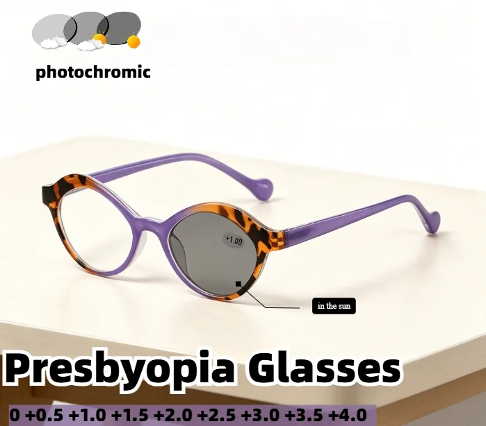 

Retro Round Frame Photochromic Gray Presbyopia Glasses Women Two Tone Anti Blue Light Reading Glasses with Diopters 0 To +4.0